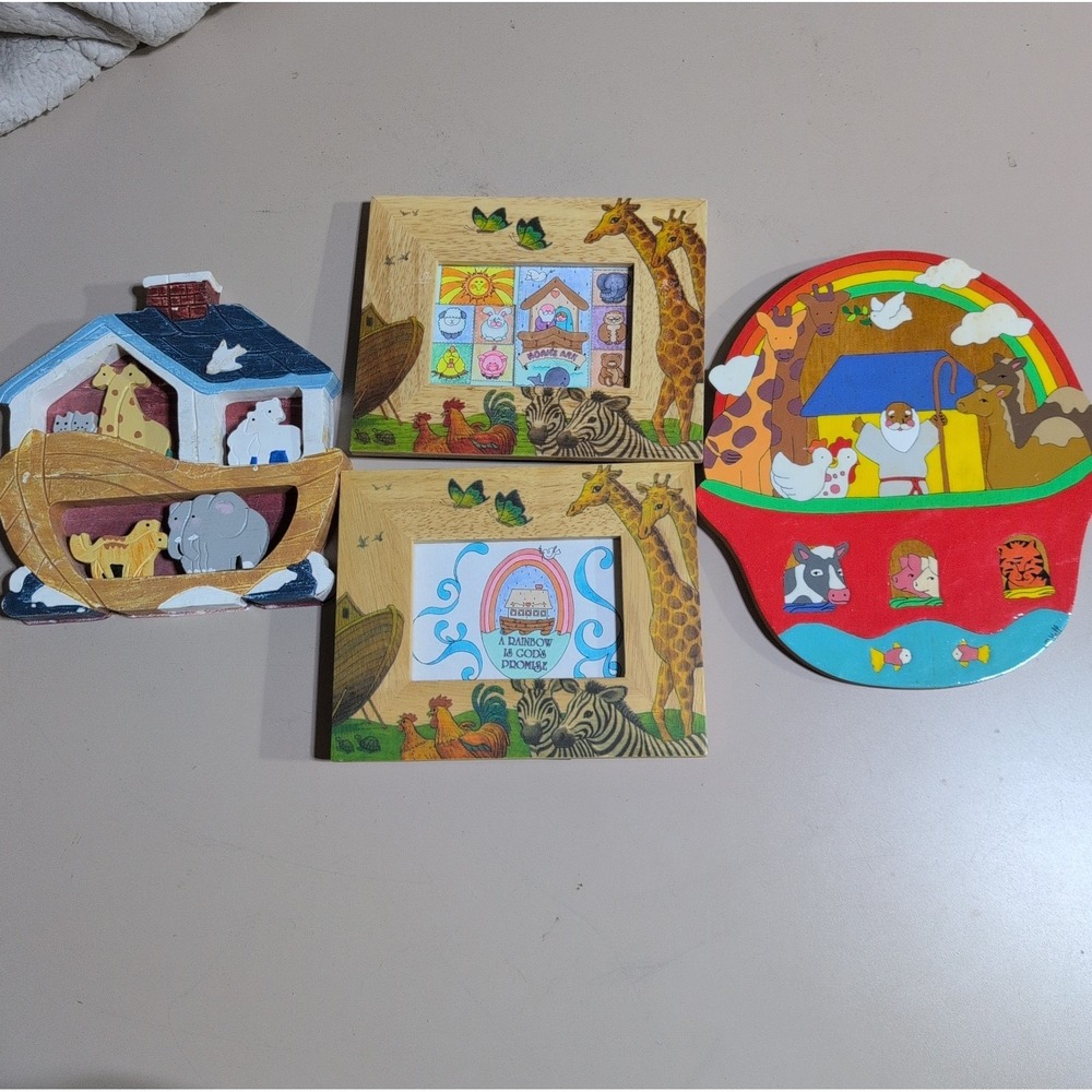 Vintage Lot Of 4 Noah's Ark Wooden Wall Art Hanging Decor 2 Picture Frame